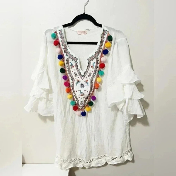 Bohemian 5/$25🎀 pompom embroidered cover  up M - Picture 1 of 6